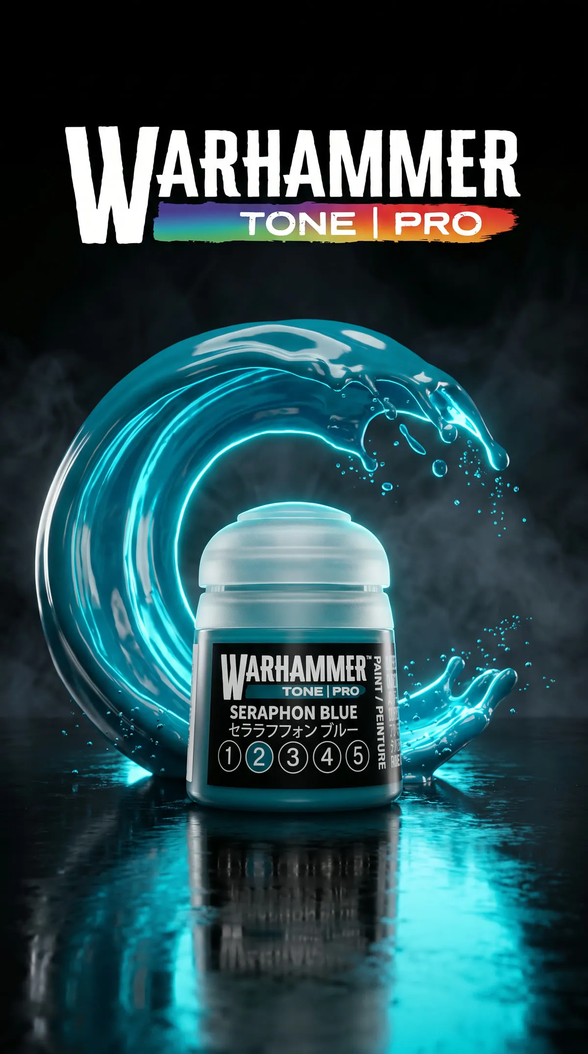 Launch poster with a blue paint wave